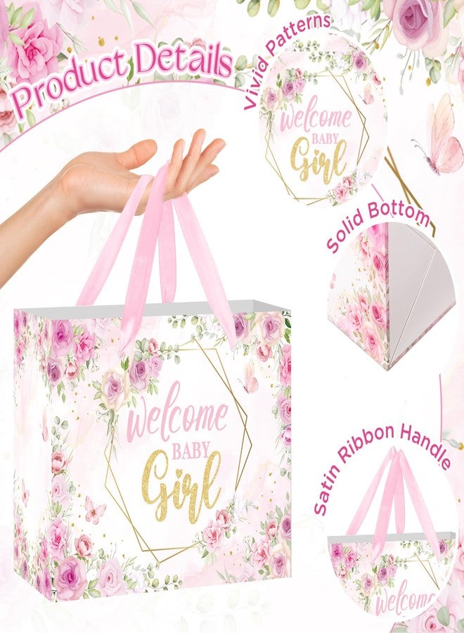 Woosytoo Welcome Baby Girl Gift Bag Pink Floral Wrapping Bag with Greeting Card and Tissue Paper Gender Reveal Baby Girl Treat Candy Bag for Baby Shower Gender Reveal Birthday Party Supplies - Image 4